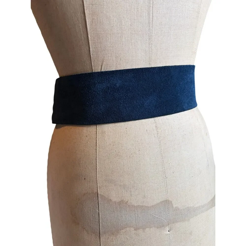 Navy Blue Suede Corset Obi Belt Wide Lace Up Fringe Boho 28